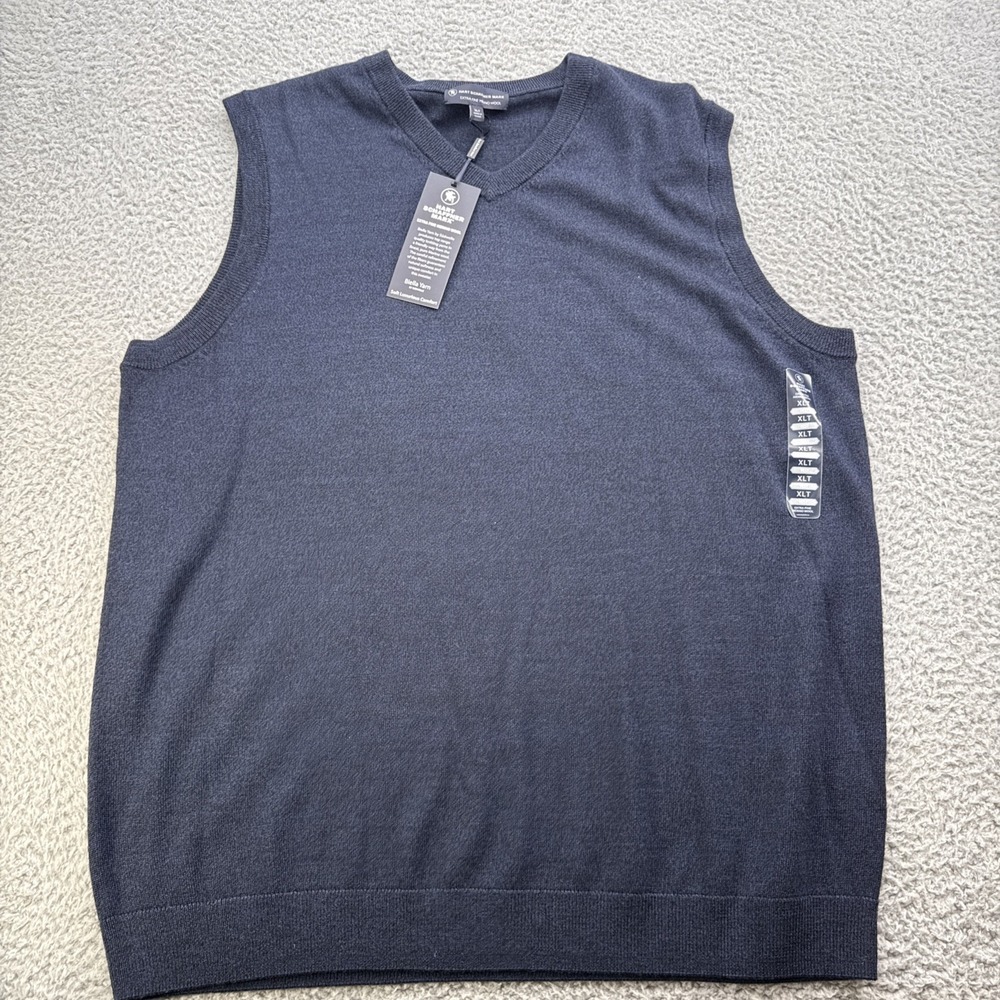 Hart Schaffner Marx Sweater Vest Mens XLT Blue Solid Merino Wool V-Neck Golf